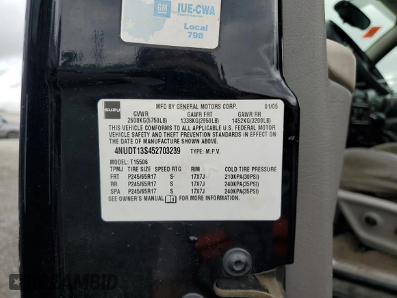 2005 Isuzu Ascender S z VIN 4NUDT13S452703239, wystawiony jako Copart lot #72991774 z przebiegiem Nie podano mil oraz Szkody całkowita. Historia ofert i sprzedaży dostępna na DreamBid. Obrazek 14.