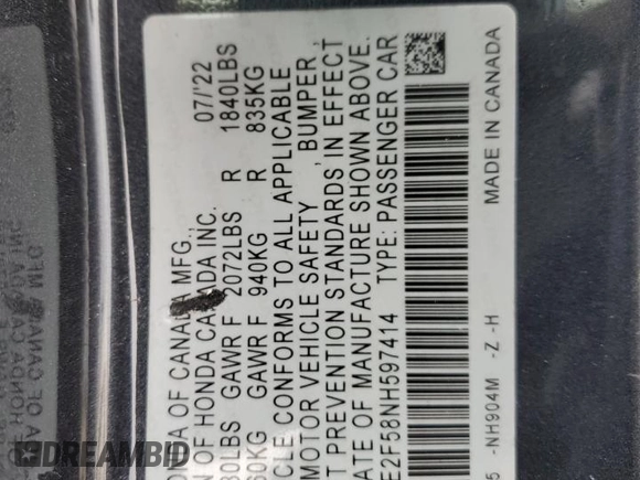 2022 Honda Civic Sedan Sport with VIN 2HGFE2F58NH597414, listed as a Copart auction lot 41904275 with 24,530 mi miles and Salvage Title. Bid and sale history available at carsss.com. Image 14.