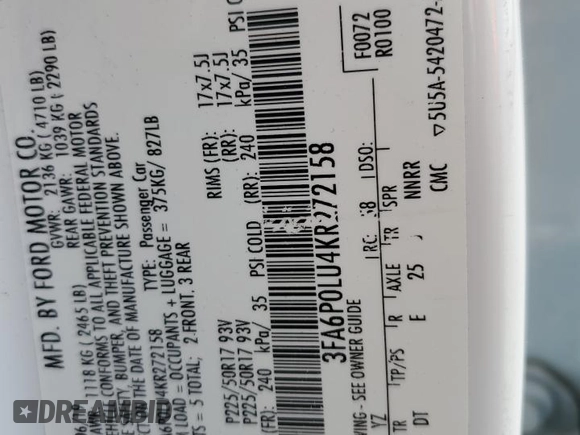2019 Ford Fusion Hybrid SE with VIN 3FA6P0LU4KR272158, listed as a Copart auction lot 50956585 with 180,925 mi miles and Salvage Title. Bid and sale history available at carsss.com. Image 13.