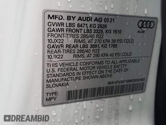 2021 Audi Q8 Prestige with VIN WA1FVAF16MD032462, listed as a Copart auction lot 81675224 with 38,472 mi miles and Salvage title. Bid and sale history available at DreamBid. Image 13.