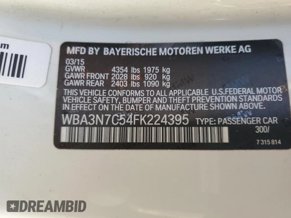 2015 BMW 4 Series 428i with VIN WBA3N7C54FK224395, listed as a Copart auction lot 45746095 with 85,646 mi miles and Salvage title. Bid and sale history available at DreamBid. Image 13.