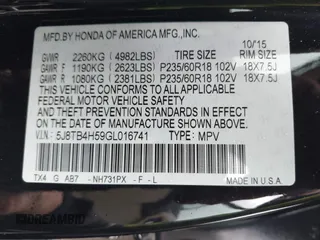 2016 Acura RDX Tech Pkg with VIN 5J8TB4H59GL016741, listed as a IAAI auction lot 41145005 with 68,646 mi miles. Bid and sale history available at carsss.com. Image 9.