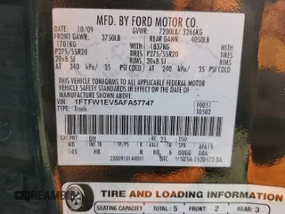 2010 Ford F-150 XL with VIN 1FTFW1EV5AFA57747, listed as a Copart auction lot 58840115 with 178,898 mi miles and Salvage title. Bid and sale history available at DreamBid. Image 12.