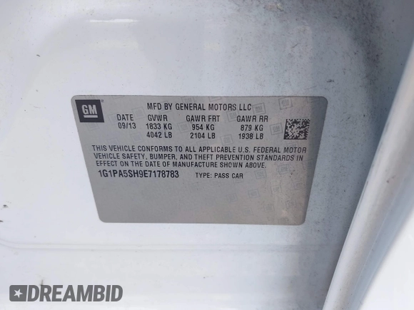 2014 Chevrolet Cruze LS with VIN 1G1PA5SH9E7178783, listed as a IAAI auction lot 42051940 with 96,587 mi miles and . Bid and sale history available at DreamBid. Image 9.