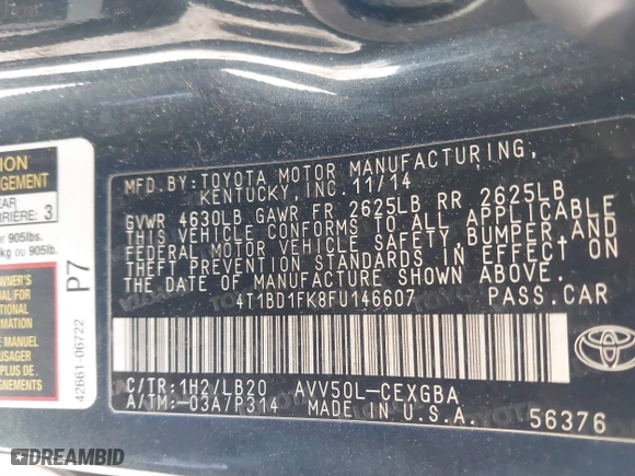 2015 Toyota Camry Hybrid LE with VIN 4T1BD1FK8FU146607, listed as a IAAI auction lot 41895501 with 1 mi miles. Bid and sale history available at carsss.com. Image 9.