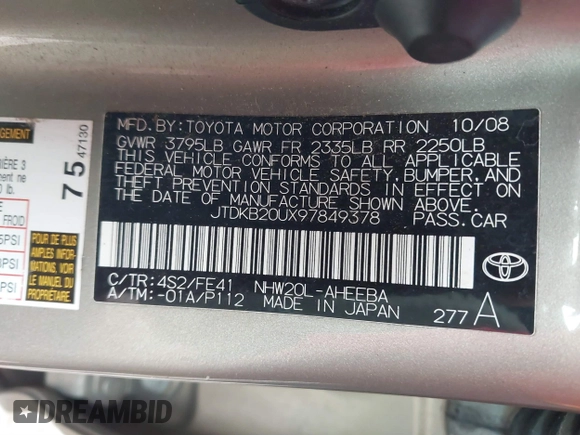 2009 Toyota Prius with VIN JTDKB20UX97849378, listed as a IAAI auction lot 41868392 with 183,376 mi miles. Bid and sale history available at carsss.com. Image 9.