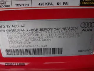 2010 Audi A3 with VIN WAUFFAFM0AA147839, listed as a IAAI auction lot 41250276 with Not provided miles and . Bid and sale history available at DreamBid. Image 9.