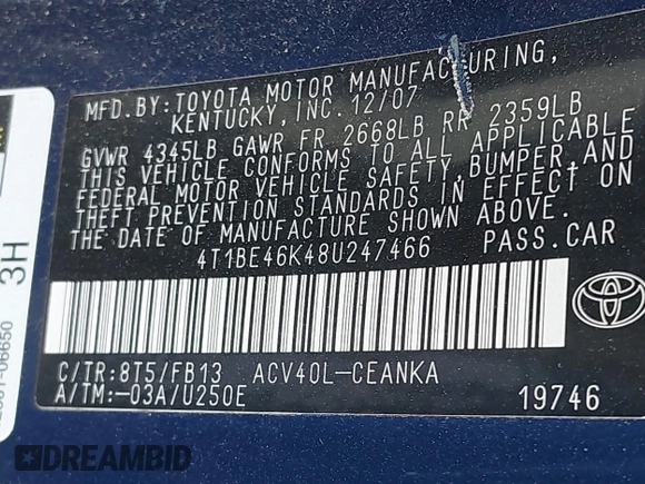 2008 Toyota Camry LE with VIN 4T1BE46K48U247466, listed as a IAAI auction lot 41996410 with 142,960 mi miles. Bid and sale history available at carsss.com. Image 9.