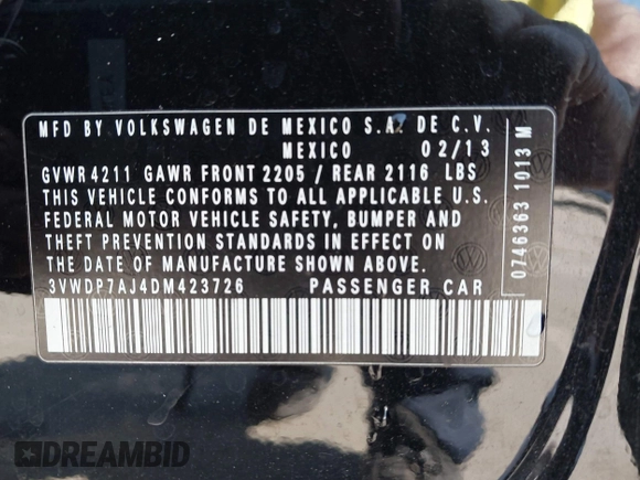 2013 Volkswagen Jetta SE with VIN 3VWDP7AJ4DM423726, listed as a IAAI auction lot 42269121 with 123,073 mi miles and . Bid and sale history available at DreamBid. Image 9.