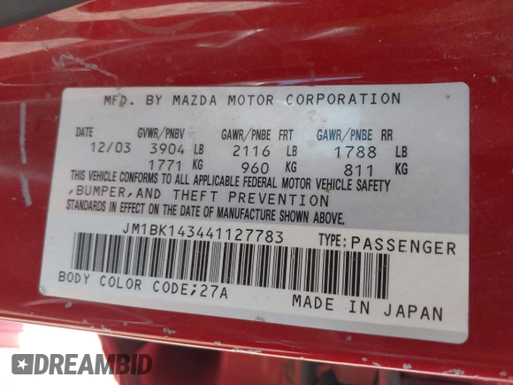 2004 Mazda 3 s with VIN JM1BK143441127783, listed as a IAAI auction lot 42047626 with 194,951 mi miles and . Bid and sale history available at DreamBid. Image 9.