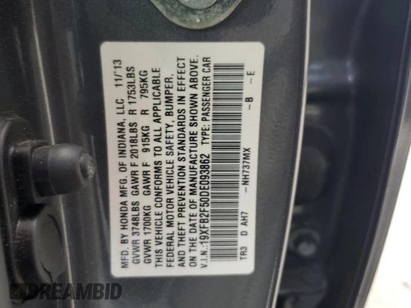 2013 Honda Civic LX with VIN 19XFB2F50DE093862, listed as a Copart auction lot 54734945 with 105,955 mi miles and Salvage Title. Bid and sale history available at DreamBid. Image 13.