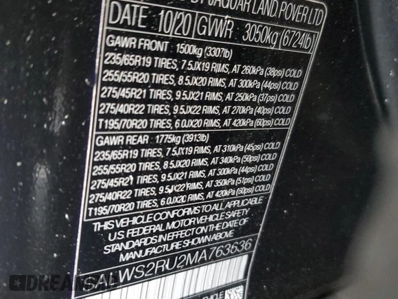 2021 Land Rover Range Rover Sport HST with VIN SALWS2RU2MA763636, listed as a Copart auction lot 48303745 with 0 mi miles and Salvage Title. Bid and sale history available at carsss.com. Image 14.