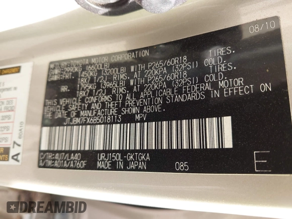2011 Lexus GX 460 with VIN JTJBM7FX6B5018113, listed as a IAAI auction lot 42191253 with Not provided miles and . Bid and sale history available at DreamBid. Image 9.