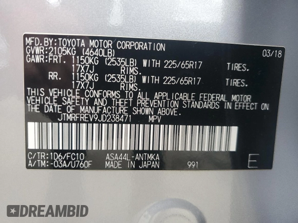 2018 Toyota RAV4 XLE with VIN JTMRFREV9JD238471, listed as a Copart auction lot 71936374 with 89,833 mi miles and Salvage Title. Bid and sale history available at carsss.com. Image 13.