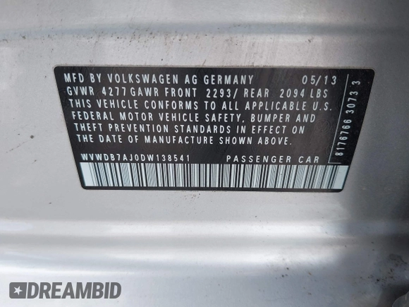 2013 Volkswagen Golf w/Conv & Sunroof с VIN WVWDB7AJ0DW138541, выставлен на аукционе IAAI как лот 42173133 с пробегом 44 910 миль миль и . История ставок и продаж доступна на DreamBid. Изображение 9.