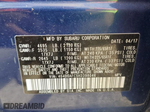 2017 Subaru Outback Premium with VIN 4S4BSAFC5H3398046, listed as a Copart auction lot 56700175 with 221,660 mi miles and Salvage title. Bid and sale history available at DreamBid. Image 13.