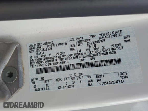 2014 Ford Escape Titanium с VIN 1FMCU0J97EUB15513, выставлен на аукционе Copart как лот 57391715 с пробегом 125 851 миль миль и Списание • Salvage title. История ставок и продаж доступна на DreamBid. Изображение 13.
