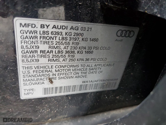 2021 Audi Q7 Premium with VIN WA1AJAF75MD034388, listed as a Copart auction lot 87165444 with 58,970 mi miles and Salvage Title. Bid and sale history available at carsss.com. Image 15.