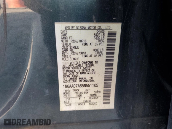2005 Nissan Titan SE with VIN 1N6AA07A65N551105, listed as a Copart auction lot 81000864 with 356,781 mi miles and Salvage Title. Bid and sale history available at DreamBid. Image 12.