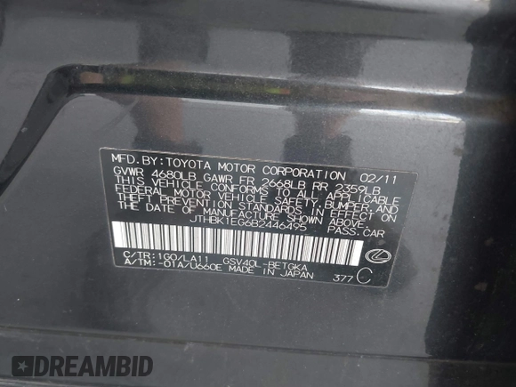 2011 Lexus ES 330 with VIN JTHBK1EG6B2446495, listed as a IAAI auction lot 42549539 with 284,313 mi miles and . Bid and sale history available at DreamBid. Image 9.