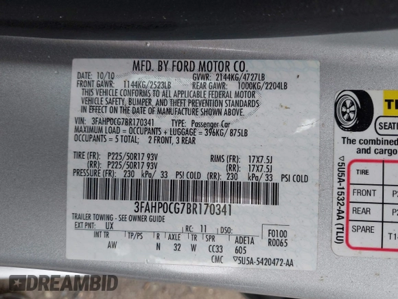 2011 Ford Fusion SEL with VIN 3FAHP0CG7BR170341, listed as a IAAI auction lot 42034192 with 128,279 mi miles. Bid and sale history available at carsss.com. Image 9.