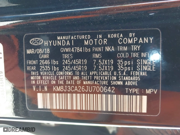 2018 Hyundai Tucson Value with VIN KM8J3CA26JU700642, listed as a IAAI auction lot 41655085 with 80,903 mi miles. Bid and sale history available at carsss.com. Image 9.