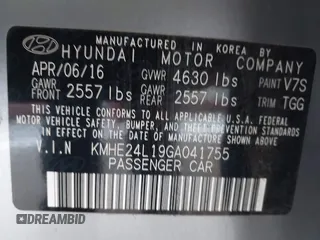 2016 Hyundai Sonata Hybrid SE with VIN KMHE24L19GA041755, listed as a IAAI auction lot 41836917 with 109,863 mi miles. Bid and sale history available at carsss.com. Image 9.