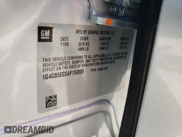 2010 Buick LaCrosse CX with VIN 1G4GB5EG5AF159585, listed as a Copart auction lot 57473395 with Not provided miles and Salvage title. Bid and sale history available at DreamBid. Image 12.