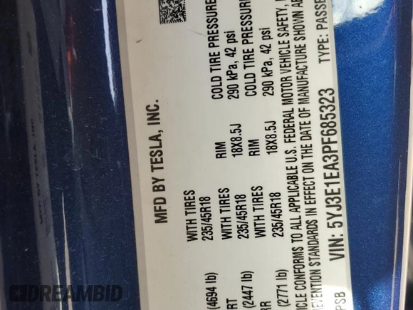 2023 Tesla Model 3 z VIN 5YJ3E1EA3PF685323, wystawiony jako Copart lot #53153905 z przebiegiem 23 242 mil mil oraz Szkoda całkowita • Salvage title. Historia ofert i sprzedaży dostępna na DreamBid. Obrazek 15.