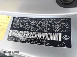2004 Lexus ES 350 with VIN JTHBA30GX45019652, listed as a IAAI auction lot 41573803 with Not Provided miles and . Bid and sale history available at DreamBid. Image 9.