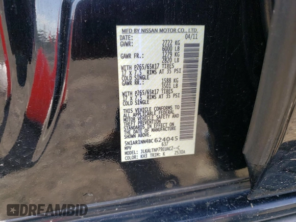 2011 Nissan Pathfinder SV with VIN 5N1AR1NN4BC624045, listed as a Copart auction lot 56396325 with 188,252 mi miles and Salvage title. Bid and sale history available at DreamBid. Image 13.