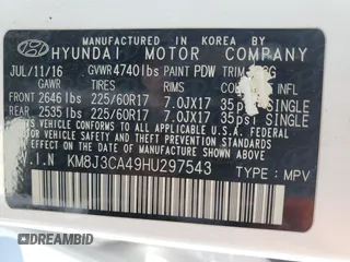 2017 Hyundai Tucson SE с VIN KM8J3CA49HU297543, выставлен на аукционе Copart как лот 55677775 с пробегом 95 237 миль миль и Списание • Salvage title. История ставок и продаж доступна на DreamBid. Изображение 13.