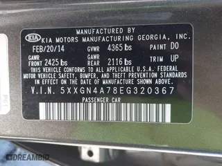 2014 Kia Optima EX with VIN 5XXGN4A78EG320367, listed as a IAAI auction lot 41858824 with 216,987 mi miles. Bid and sale history available at carsss.com. Image 9.