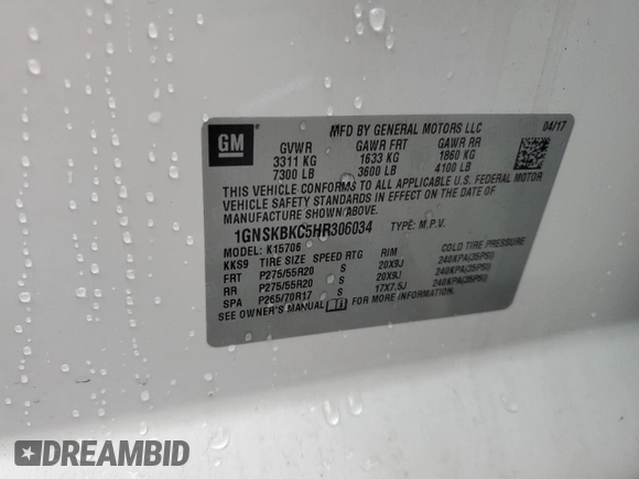 2017 Chevrolet Tahoe LT z VIN 1GNSKBKC5HR306034, wystawiony jako Copart lot #55788245 z przebiegiem 87 726 mil mil oraz Szkoda całkowita • Salvage title. Historia ofert i sprzedaży dostępna na DreamBid. Obrazek 13.