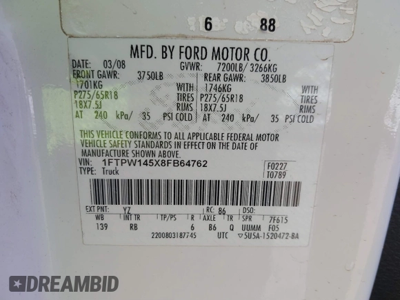 2008 Ford F-150 XLT with VIN 1FTPW145X8FB64762, listed as a IAAI auction lot 41701809 with 57,121 mi miles. Bid and sale history available at carsss.com. Image 9.