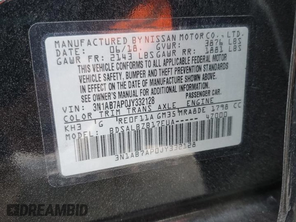 2018 Nissan Sentra S with VIN 3N1AB7AP0JY332128, listed as a Copart auction lot 47537215 with 83,715 mi miles and Salvage Title. Bid and sale history available at DreamBid. Image 14.