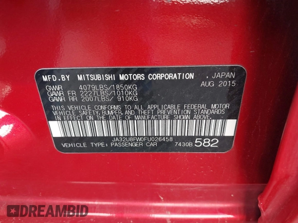 2015 Mitsubishi Lancer GT with VIN JA32U8FW0FU026458, listed as a IAAI auction lot 41752475 with 92,863 mi miles. Bid and sale history available at carsss.com. Image 9.