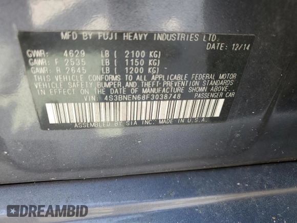 2015 Subaru Legacy 3.6R Limited with VIN 4S3BNEN68F3038748, listed as a Copart auction lot 50318545 with 55,770 mi miles and Salvage Title. Bid and sale history available at carsss.com. Image 14.