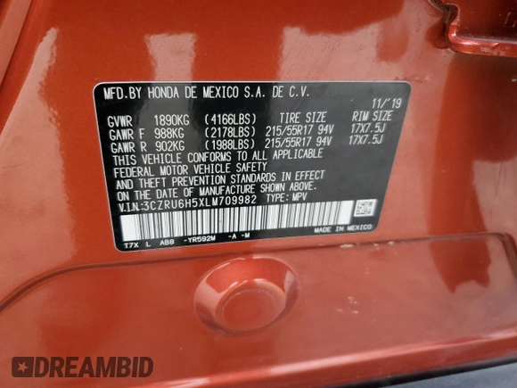 2020 Honda HR-V EX with VIN 3CZRU6H5XLM709982, listed as a Copart auction lot 43223565 with 74,874 mi miles and Salvage Title. Bid and sale history available at carsss.com. Image 16.