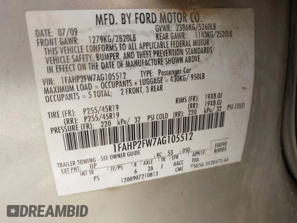 2010 Ford Taurus Limited с VIN 1FAHP2FW7AG105512, выставлен на аукционе IAAI как лот 41773479 с пробегом 143 549 миль миль и . История ставок и продаж доступна на DreamBid. Изображение 9.