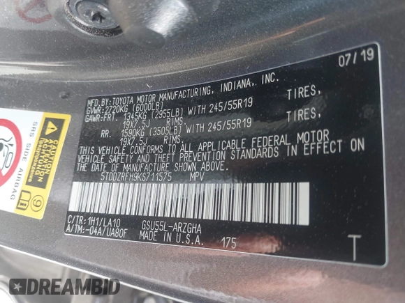 2019 Toyota Highlander Limited with VIN 5TDDZRFH9KS711575, listed as a IAAI auction lot 42102945 with 33,899 mi miles and . Bid and sale history available at DreamBid. Image 9.
