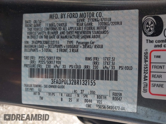2011 Ford Fusion Hybrid with VIN 3FADP0L32BR132155, listed as a IAAI auction lot 42196233 with 77,900 mi miles and . Bid and sale history available at DreamBid. Image 9.