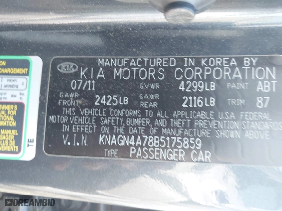 2011 Kia Optima EX with VIN KNAGN4A78B5175859, listed as a IAAI auction lot 41898170 with 176,167 mi miles. Bid and sale history available at carsss.com. Image 9.