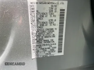 2009 Nissan Armada LE z VIN 5N1BA08C29N602446, wystawiony jako IAAI lot #42312601 z przebiegiem Nie podano mil oraz . Historia ofert i sprzedaży dostępna na DreamBid. Obrazek 8.