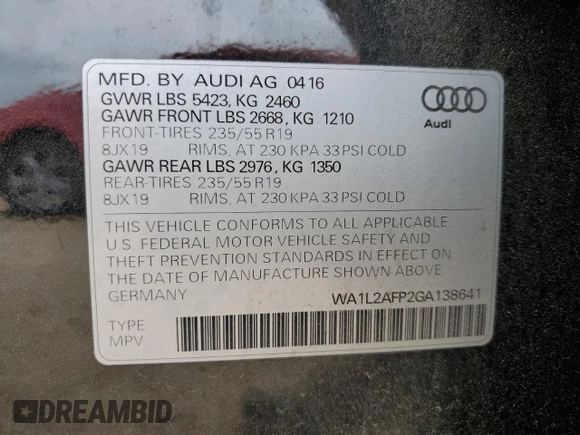 2016 Audi Q5 Premium Plus with VIN WA1L2AFP2GA138641, listed as a Copart auction lot 56469005 with 78,070 mi miles and Salvage title. Bid and sale history available at DreamBid. Image 12.