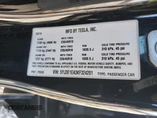 2019 Tesla Model 3 Mid Range with VIN 5YJ3E1EA3KF324201, listed as a Copart auction lot 43221185 with 117,606 mi miles and Salvage Title. Bid and sale history available at carsss.com. Image 12.