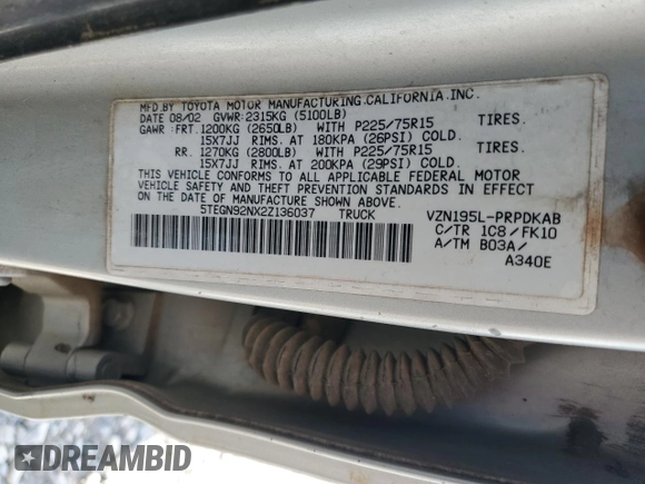 2002 Toyota Tacoma PreRunner with VIN 5TEGN92NX2Z136037, listed as a Copart auction lot 52143665 with 270,044 mi miles and Salvage Title. Bid and sale history available at DreamBid. Image 14.