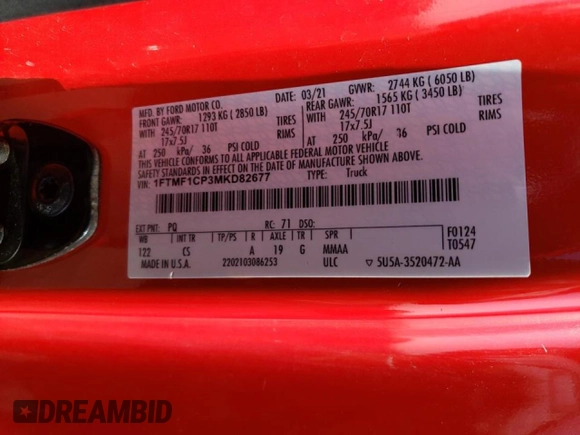 2021 Ford F-150 XL z VIN 1FTMF1CP3MKD82677, wystawiony jako Copart lot #82826014 z przebiegiem 98 441 mil mil oraz Szkoda całkowita • Salvage title. Historia ofert i sprzedaży dostępna na DreamBid. Obrazek 12.