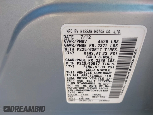 2013 Nissan Rogue SL with VIN JN8AS5MV3DW105480, listed as a IAAI auction lot 42106079 with 111,854 mi miles and . Bid and sale history available at DreamBid. Image 9.