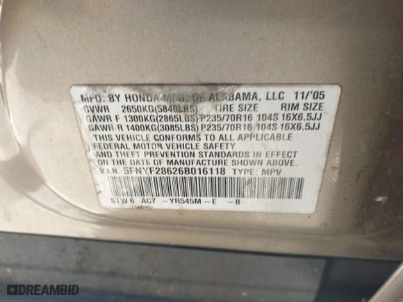 2006 Honda Pilot EX-L with RES with VIN 5FNYF28626B016118, listed as a IAAI auction lot 41819365 with 314,954 mi miles. Bid and sale history available at carsss.com. Image 9.